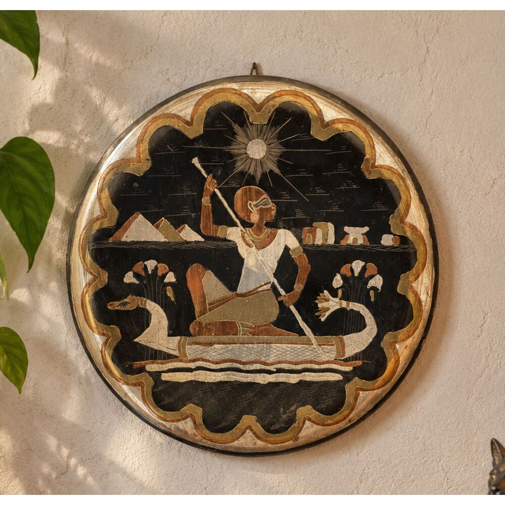 Vintage Egyptian Mixed Metal Wall Plaque 10” Pharaoh Nile Boat Copper Brass Art